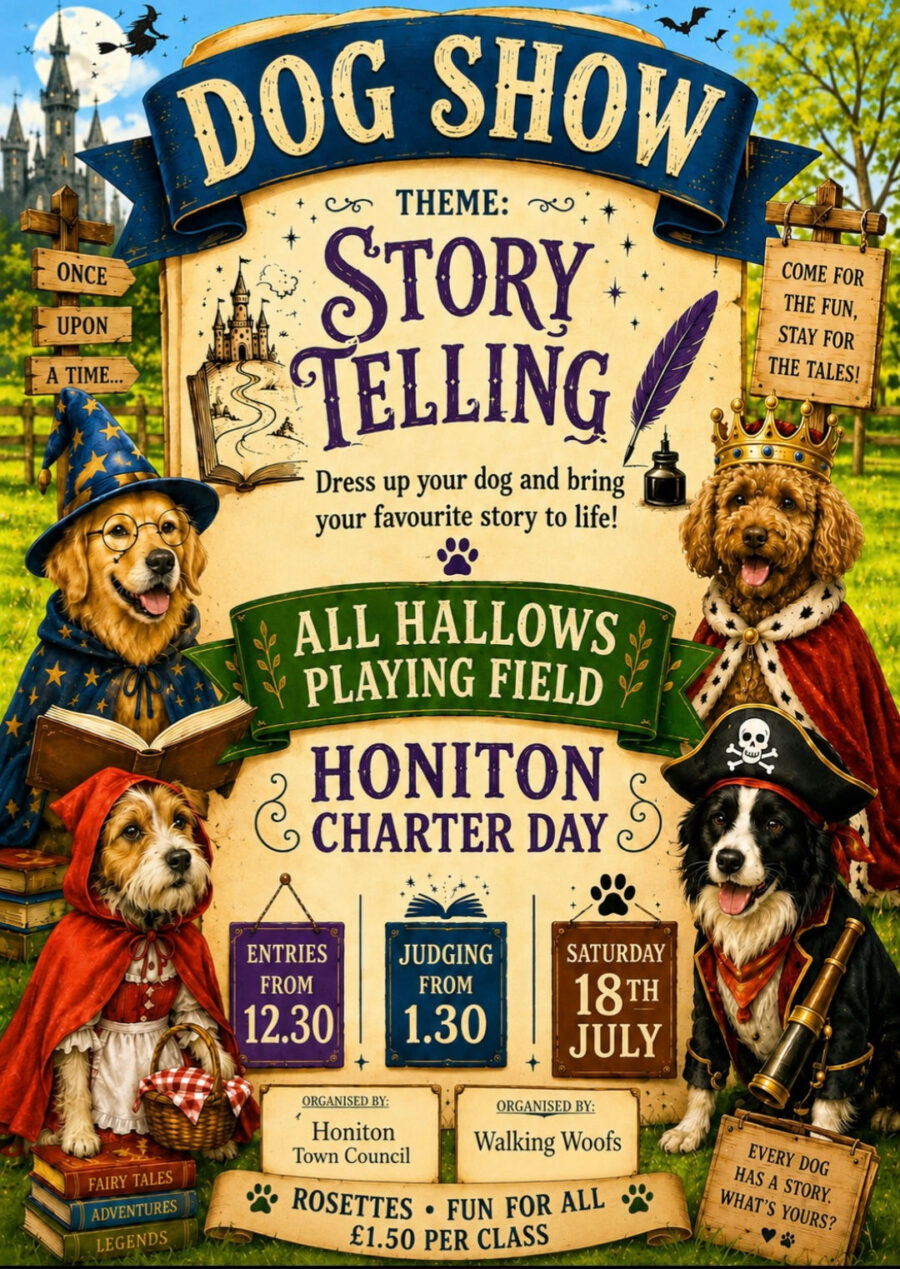 Honiton Market Charter Day 2026 Dog Show story telling poster