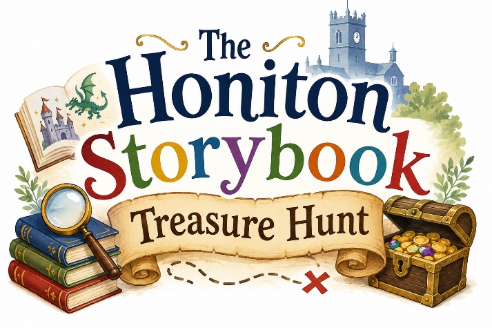 Honiton Storybook Treasure Hunt logo showing books, church and treasure chest full of gold