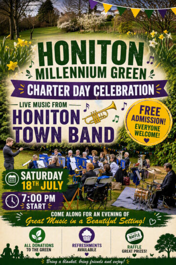 Poster advertising free Town Band concert at Honiton Millennium Green for Charter Day 2026.